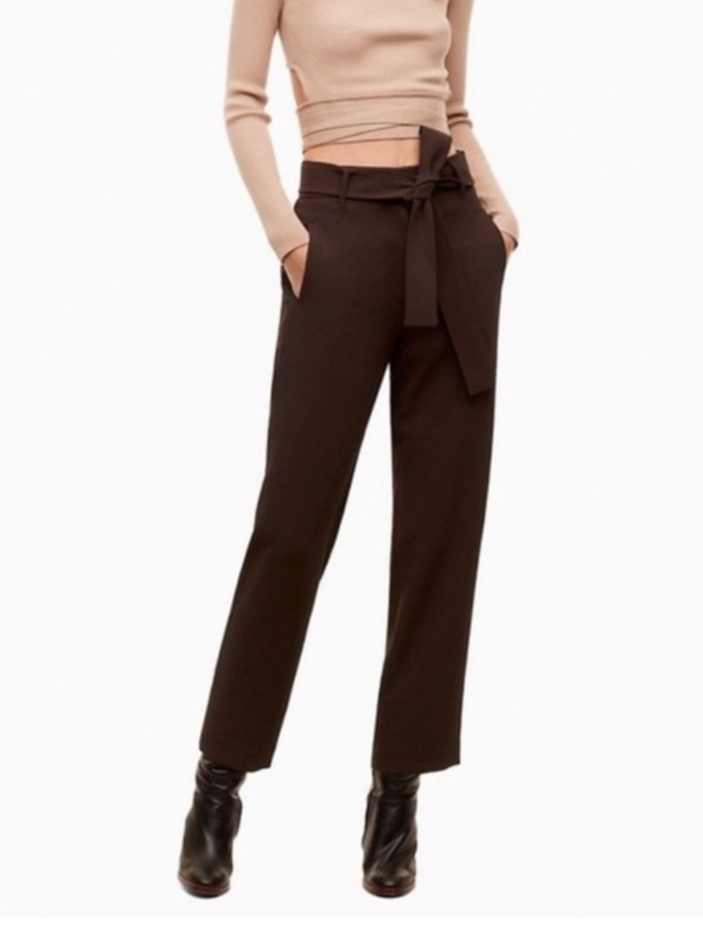 Aritzia Wilfred Trousers Espresso Brown Japanese Crepe High Rise Cropped Size 10